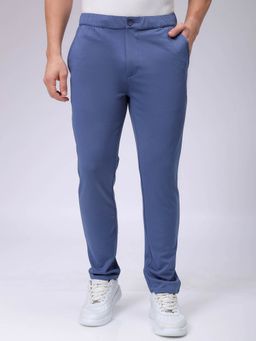 The Indian Garage Co - Men Blue Slim Fit Solid Mid-Rise Stretchable Knitted Formal Trouser