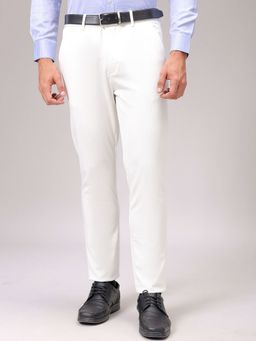 The Indian Garage Co - Men White Slim Fit Textured Mid-Rise Stretchable Knitted Formal Trouser