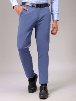 The Indian Garage Co - Men Blue Slim Fit Textured Mid-Rise Stretchable Knitted Formal Trouser