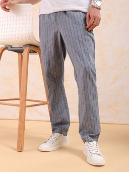 The Indian Garage Co - Men Grey Regular Fit Vertical Striped Mid-Rise Drawstring Trouser