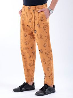The Indian Garage Co - Men Tan Relaxed Cropped Face Print Mid-Rise Stretchable Chinos
