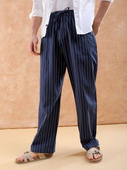 The Indian Garage Co - Men Navy Blue Loose Fit Striped Mid-Rise Trouser