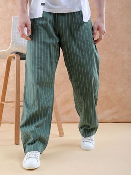 The Indian Garage Co - Men Green Loose Fit Striped Mid-Rise Trouser
