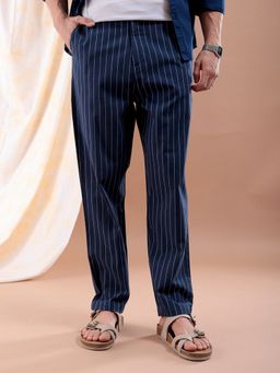 The Indian Garage Co - Men Navy Blue Relaxed Cropped Vertical Striped Mid-Rise Trouser