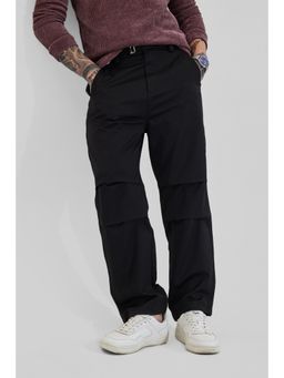Snitch - Jet Black Solid Relaxed Casual Trouser for Men