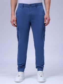 The Indian Garage Co - Men Blue Slim Fit Solid Mid-Rise Stretchable Cargo Joggers