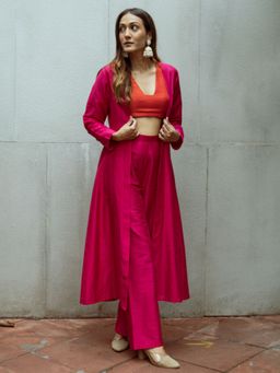 trueBrowns - Pink Dupion Silk Overlay Jacket Blouse with Pants (Set of 3)