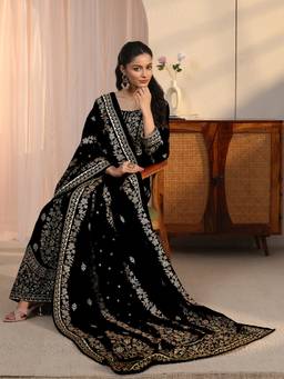 Libas Art - Black Embroidered Velvet Anarkali Suit Set