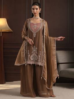 Libas - Brown Embellished Straight Kurta With Palazzo And Dupatta