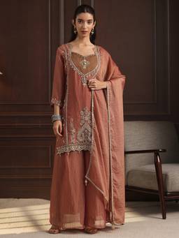 Libas - Rust Embellished Straight Kurta With Palazzo And Dupatta