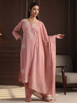 Libas - Pink Embroidered Pink Straight Kurta With Trouser And Dupatta