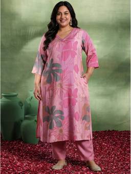 Extra love by Libas - Pink Printed A-Line Kurta With Trousers