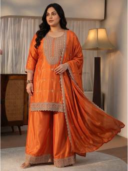 Extra love by Libas - Orange Zari Embroidered Straight Kurta With And Palazzo With Dupatta