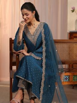 Libas - Teal Motif Woven Design Anarkali Kurta With Trouser And Dupatta