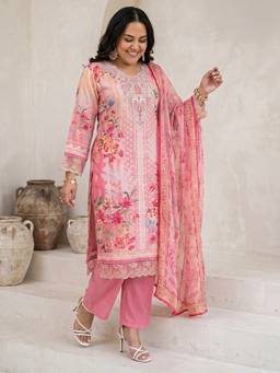 Extra love by Libas - Pink Printed Crepe Kurta And Trouser With Dupatta