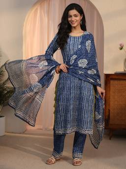 Libas - Blue Striped Printed Kurta With Trouser And Dupatta