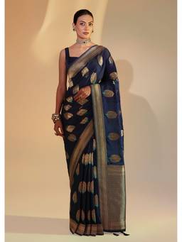 KALKI FASHION - Navy Blue Dola Silk Saree With Zari Woven Butti Work