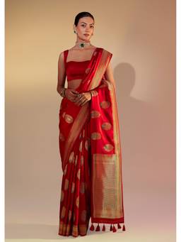 KALKI FASHION - Red Satin Butti Embroidered Saree With Zari Woven Border Design