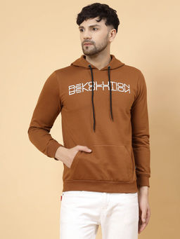 RIGO - Men Camel Brown Printed Hooded Fleece Sweatshirt