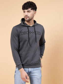 RIGO - Men Dark Grey Printed Hooded Fleece Sweatshirt