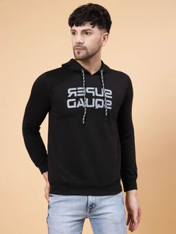 RIGO - Men Black Hooded Printed Fleece Sweatshirt