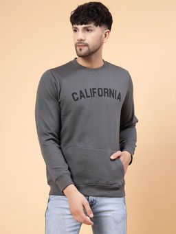RIGO - Dark Grey California Print Round Neck Fleece Sweatshirt