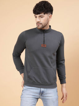 RIGO - Men Grey Solid Fleece Henley Neck Sweatshirt