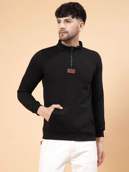 RIGO - Men Black Solid Fleece Henley Neck Sweatshirt