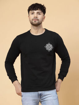 RIGO - Men Black Printed Patch on Back Fleece Round Neck Sweatshirt