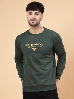 RIGO - Bottle Green Placement Print Round Neck Fleece Sweatshirt