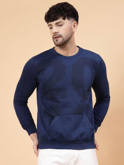 RIGO - Men Ink Blue Printed Round Neck Fleece Sweatshirt