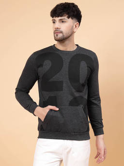 RIGO - Men Charcoal Printed Round Neck Fleece Sweatshirt