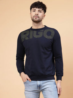 RIGO - Men Navy Printed Round Neck Fleece Sweatshirt