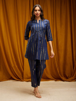 Pink Fort - Gold Striped Lurex Kurta with Pants Co-Ord- Blue (Set of 2)