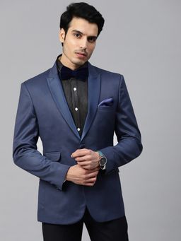 MANQ - Men Blue Solid Slim Fit Tuxedo Blazer