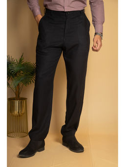 JAVINISHKA - Black Straight Fit Linen Semi Formal Pant