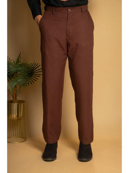 JAVINISHKA - Chocolate Brown Straight Fit Linen Semi Formal Pant