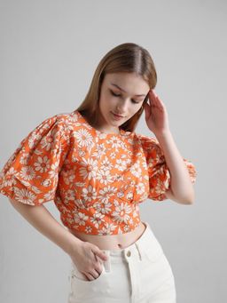 ONLY - Orange Floral Print Crop Top