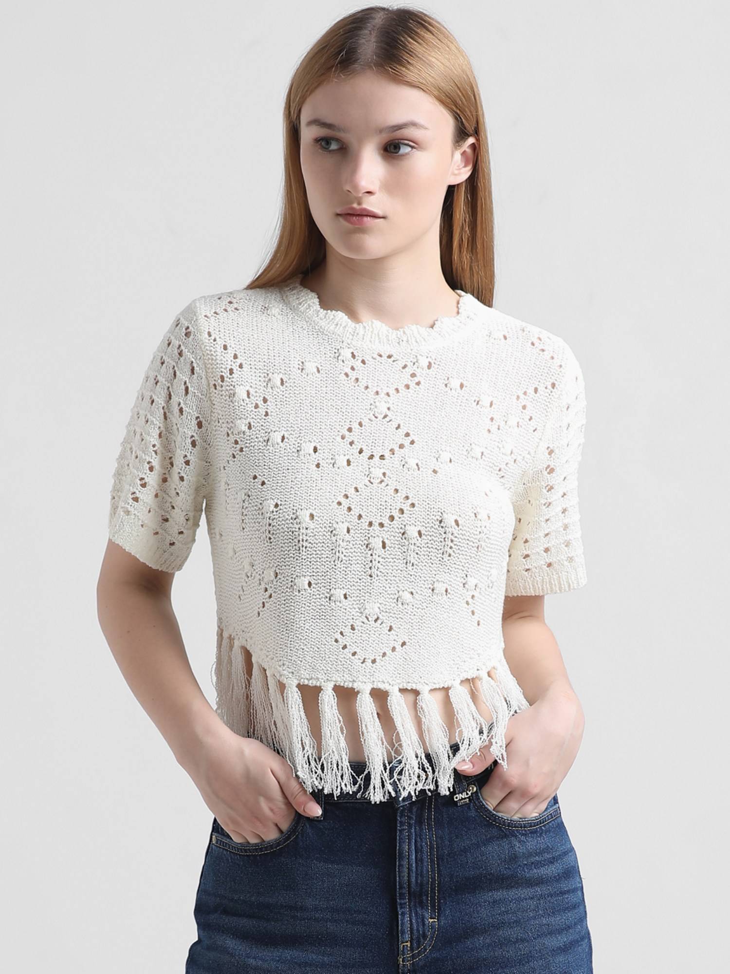 Buy ONLY White Fringe Knit Textured Top Online