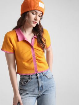 ONLY - Orange Colourblocked Knit Polo Shirt