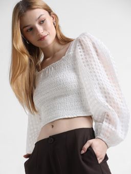 ONLY - White Smocked Balloon Sleeves Top