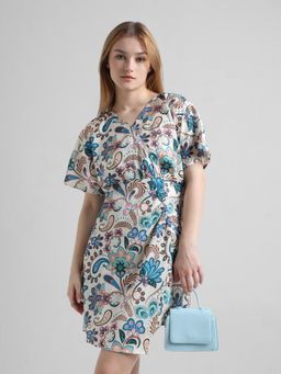 ONLY - Beige Floral Wrap Over Satin Dress