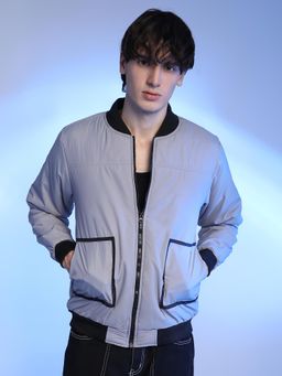 Campus Sutra - Light Grey Zip-Front Bomber Jacket