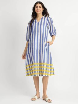 Pink Fort - Blue Cotton Stripes Printed A-Line Dress