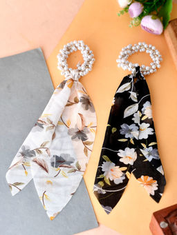 Silvermerc Designs - Set of 2 Black and White Pearl Beaded Printed Ponytail Holders