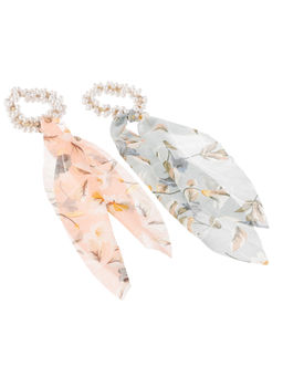 Silvermerc Designs - Set of 2 Pink and White Pearl Beaded Printed Ponytail Holders