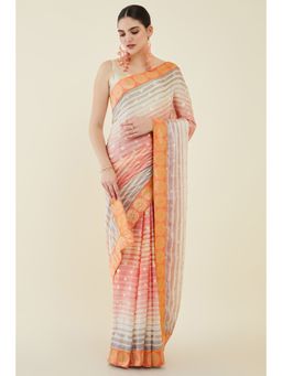 Soch - Women Coral Georgette Stripes Saree with Unstitched Blouse