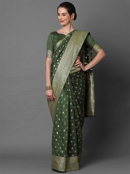 Odette - Green Festive Silk Blend Woven Design Saree with Unstitched Blouse