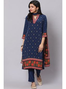 Biba - Blue Crepe Unstitched Dress Material Suit Set