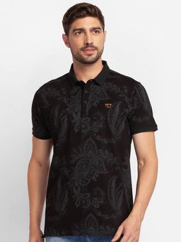 Spykar - Black Cotton Half Sleeve Printed Casual Polo T-Shirt for Men